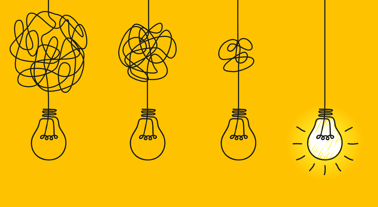 Hay distintas lámparas colgadas de cables enredados. Solo enciende la que tiene un cable sin enredos.